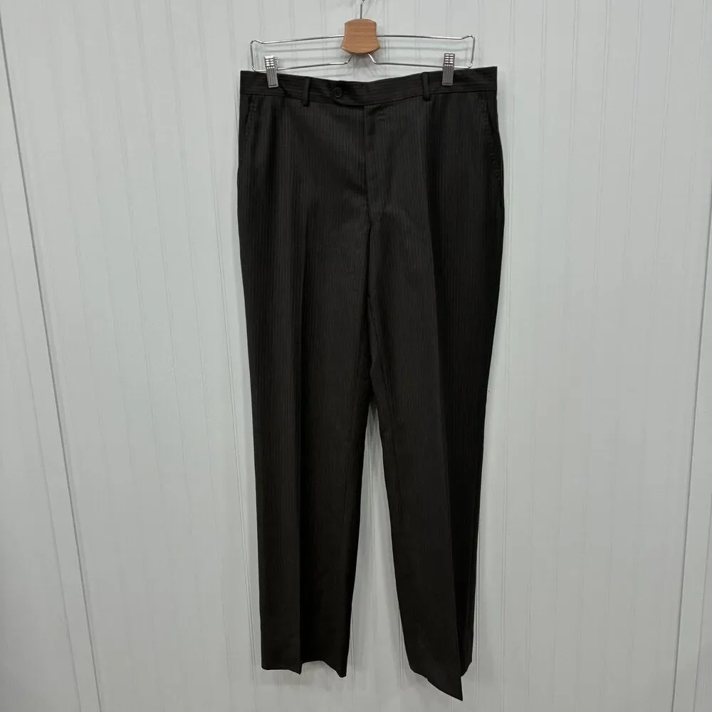 John Varvatos 40L - W32 x L34 Dark Brown Pinstriped Wool 3-Button 2-Piece Suit